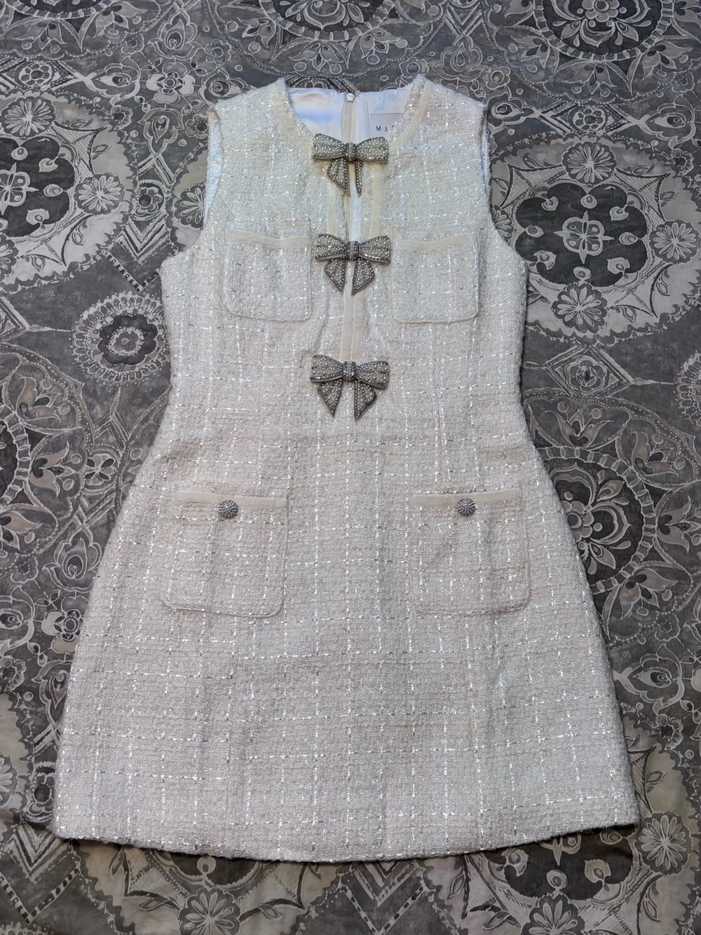 Mabel Sleeveless Ivory Tweed Mini Dress with Bow Accents
